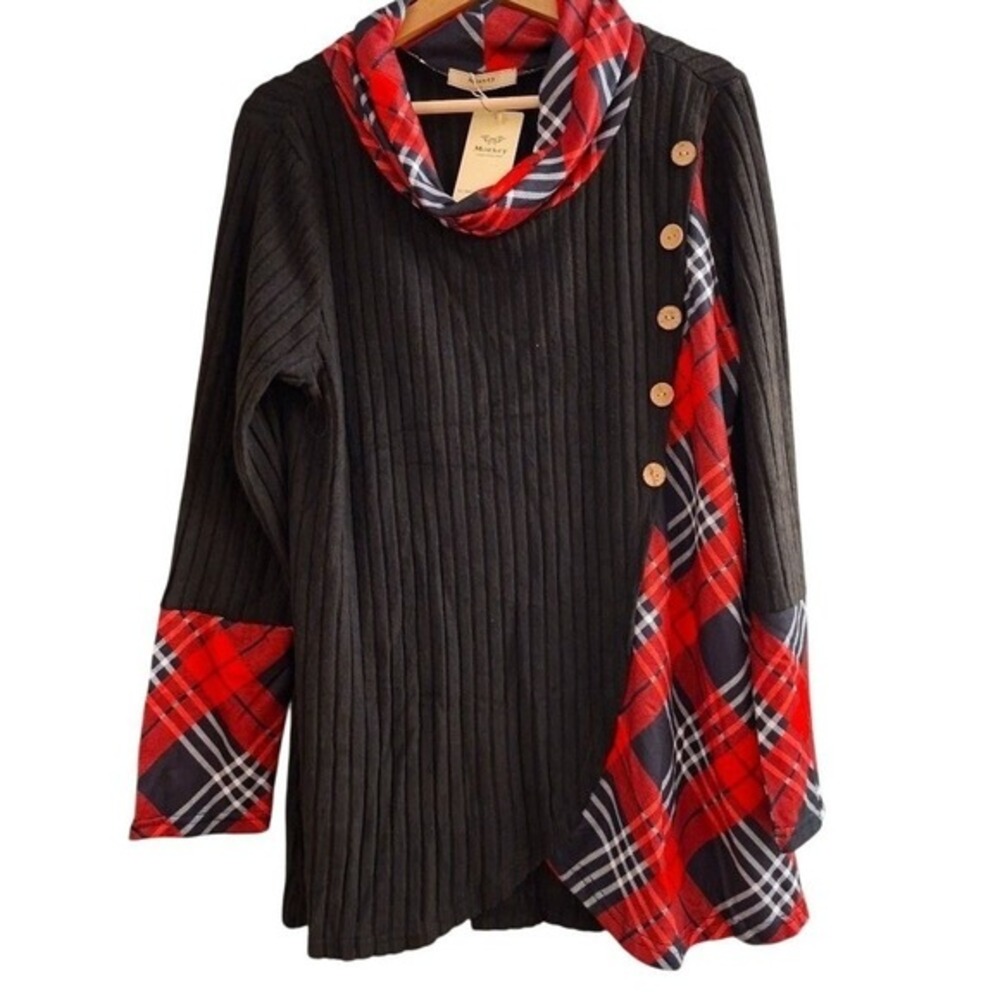 Musey Women's Black Ribbed Plaid Cowl Neck Tunic Top.